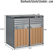 Cubo para 4 contenedores de basura de hasta 240 L con tapa abatible, ventilación con lamas, compartimentos de almacenamiento de basura, cerradura, dos puertas, caseta para jardín, revestimiento para cubos de basura, 4 contenedores