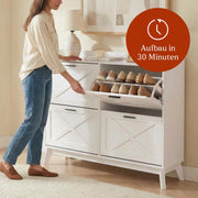 Zapatero CASABEL con 4 trampones, frentes con patrón de cruz, blanco, diseño funcional, gran capacidad para 24 pares, mueble práctico para recibidor o salón, 114x24x83 cm