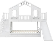 Cuna litera 90x200, cama alta en forma de casa con tobogán, escalera de almacenamiento, 2 cajones, ventanas y tejado, litera cama doble de madera con somier y protección anticaídas, pino, sin colchón, blanco