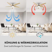 Klarstein Bolero - Ventilador de techo 2 en 1, diámetro de 134 cm, lámpara de 55 W de potencia, aspas de madera, control remoto, 50 dB, 3 velocidades: rápida, media, lenta, arce