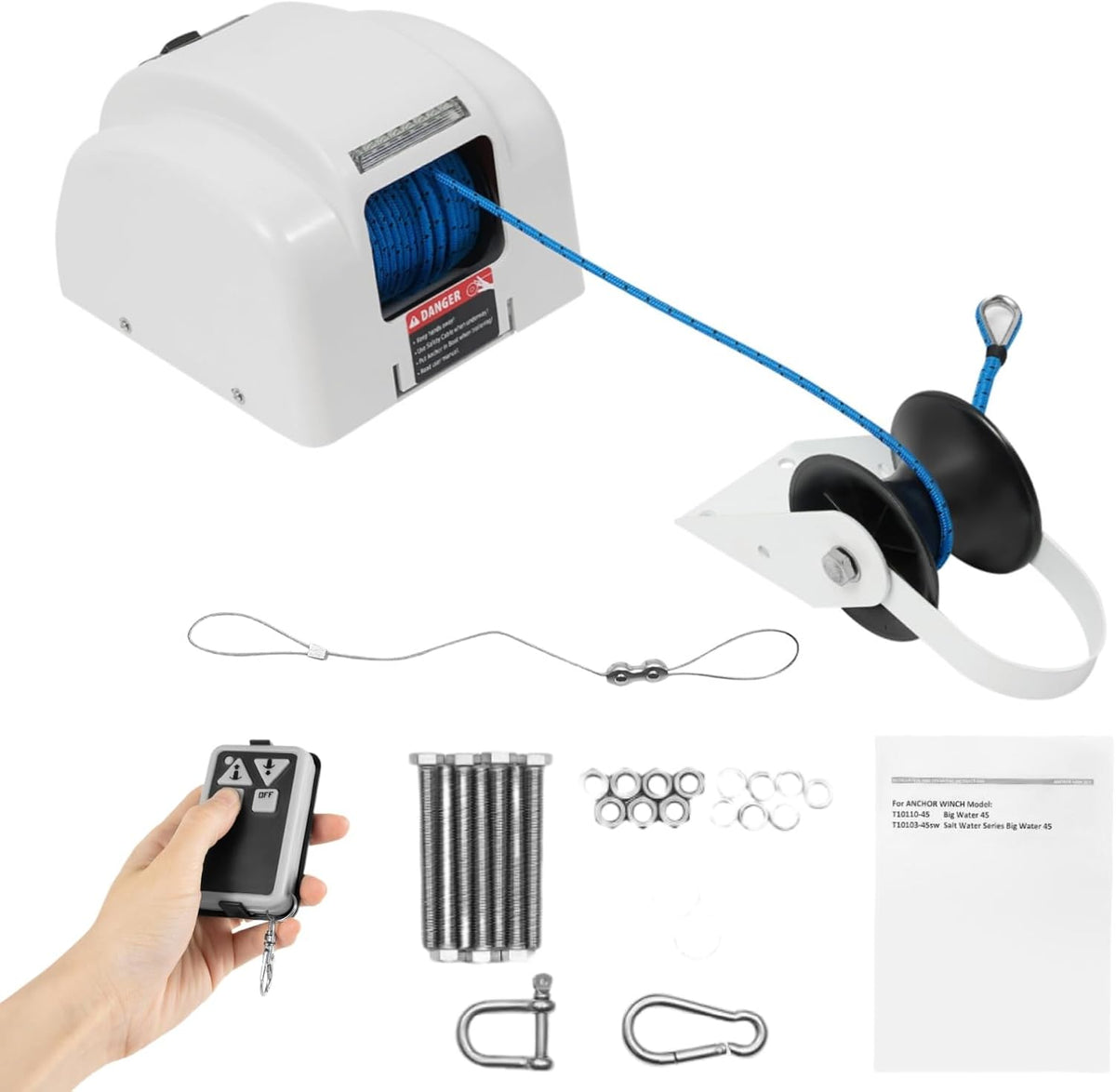 DAOHHFO Molinete eléctrico de 45 libras 12 V para agua salada - Cabrestante con control remoto de 30 m - Para agua salada - 21,3 m/min