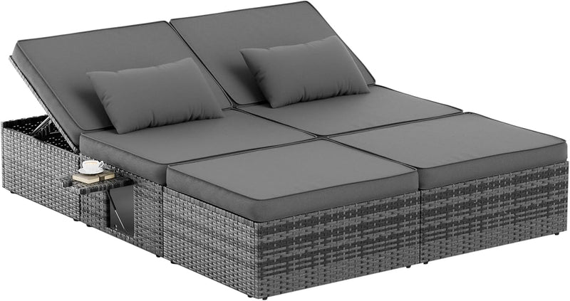 Tumbona doble Amopatio para 2 personas con mesa plegable, resistente a la intemperie, capacidad de carga de 200 kg, 200x160x30 cm, tumbona de jardín XXL de ratán, chaise longue ajustable para jardín, balcón y terraza, gris