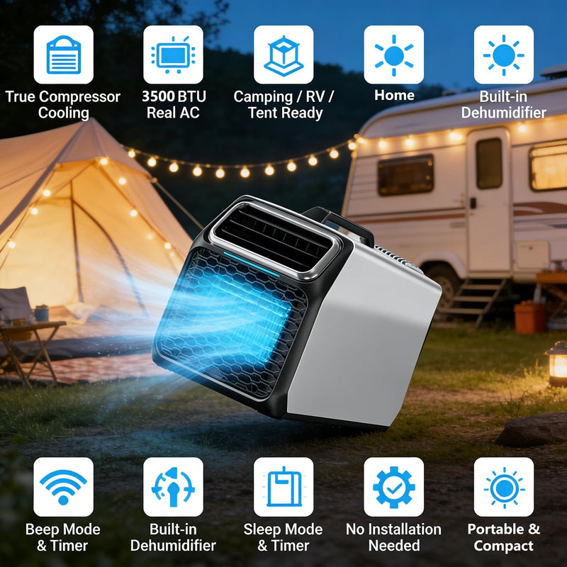 Aire acondicionado de camping de 3500 BTU con compresor real, aire acondicionado portátil para tienda de campaña, caravana y camión, aire acondicionado móvil con deshumidificación y modo de suspensión, plateado