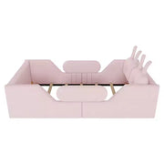 Cama plataforma doble Whisen, cama de suelo tapizada para niños con cojín de conejo, barandillas laterales extraíbles