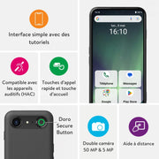 Doro - Teléfono Aurora A30 - Teléfono móvil para personas mayores - Fácil de usar - Botón de asistencia con ubicación GPS - Compatible con audífonos - Cable USB incluido - Grafito