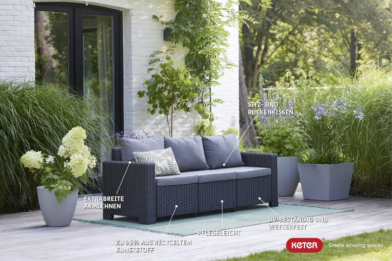 Allibert by Keter California Sofá de jardín de 3 plazas con cojines de asiento y respaldo, de plástico, aspecto ratán, redondo, grafito/gris frío, 199 x 68 x 72 cm
