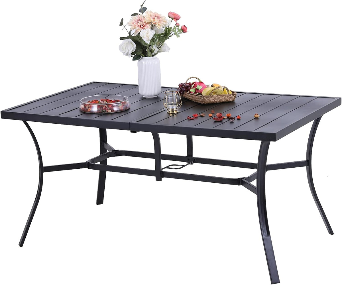 PHI VILLA Mesa de jardín con orificio para sombrilla para 6 personas, mesa de terraza para exterior, mesa de metal, muebles de jardín de 150 x 90 cm, mesa de jardín, mesa de terraza, resistente a la intemperie, negro