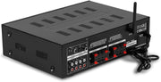 Pack de sonorización de 4 zonas Power Dynamics de 400 vatios con Bluetooth, 8 altavoces negros, reproductor MP3 USB/SD, radio FM, entradas de micrófono y mando a distancia: kit completo para multisalas y restauración.