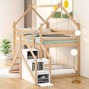 Literas tipo casita con tobogán y escaleras de almacenamiento, litera de madera individual sobre individual para niños con techo y escaleras para niñas y niños
