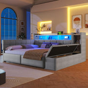 Sofá cama, 140 × 190 cm, con dos cajones, puertos USB y tipo C, compartimento de almacenamiento, banco de almacenamiento en el piecero, tira de luz LED, sin colchón, terciopelo, gris