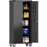Gabinete de almacenamiento para garaje con ruedas y tablero perforado, armario de metal con cerradura de 72" de altura, 2 puertas y 4 estantes ajustables para taller de garaje