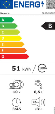 Siemens SR65YX08ME, lavavajillas inteligente iQ500 totalmente integrable, 45 cm de ancho, tercera bandeja para cubiertos, Zeolita, extra silencioso, aquaStop, apertura automática de puerta al finalizar el programa, varioSpeed, iluminación interior