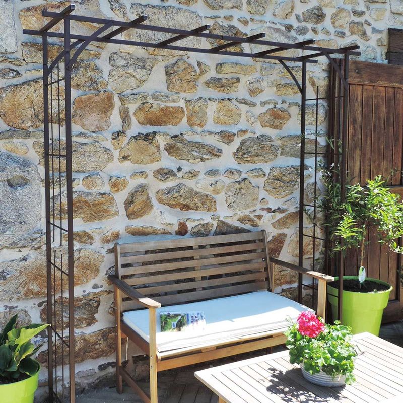 Arco de jardín tipo pérgola de hierro envejecido con tubos cuadrados, modelo grande + 4 soportes de poste para hincar