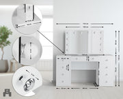 CLP Tocador Tiline Espejo Hollywood Iluminación LED 9 cajones superficie de cristal puerto USB blanco