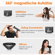 Secador de pelo Faszin con tecnología iónica, motor sin escobillas de 110.000 RPM, secado rápido, silencioso, pantalla LED, accesorios magnéticos, negro