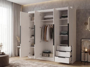 Armario de 4 puertas A&J MöbelLand KLARI con 3 cajones – 200 x 215 cm – Armario de puertas batientes con barra para colgar ropa y estantes