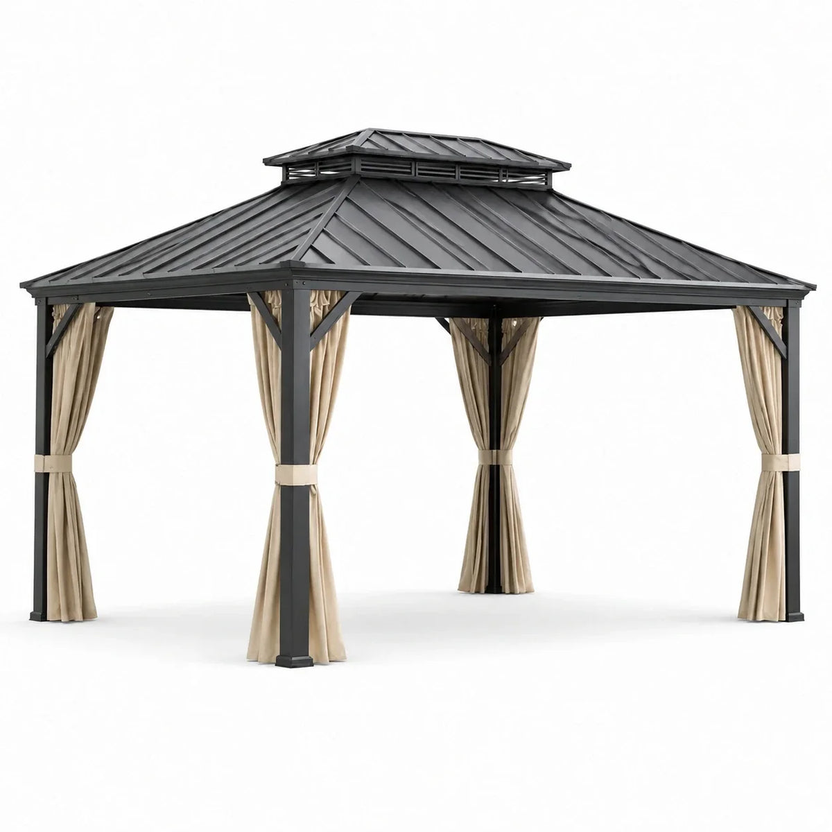 Cenador de jardín de aluminio con techo de acero y cortinas beige