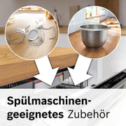 Procesador de alimentos Bosch Serie 4 MUM56340, bol de 3,9 L, batidora de 1,25 L, picadora de carne, exprimidor, sistema de mezclado planetario, gancho para amasar, varillas batidoras y mezcladoras, cortador-rallador, 3 discos, 900 W, plata/gris
