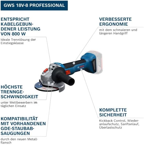 Amoladora angular a batería Bosch Professional 18V System GWS 18V-8 (diámetro de disco 125 mm, incl. 2 baterías GBA 4.0Ah, cargador GAL 18V-40, L-BOXX)