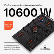 Placa de inducción y gas Klarstein MultiChef 5 - 5 zonas, Flexzone, 10,6 kW, control deslizante, Stop&Go, temporizador, negro, 87,5 cm