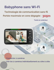 HelloBaby Monitor de bebé con 2 cámaras, pantalla dividida de 5'' y 3500mAh, monitor de vídeo para bebés, sin WiFi, ángulos de visión de 355 grados, visión nocturna, nanas, ECO