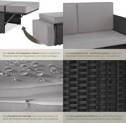 Set de sofá tectake® - Sofá de 2 plazas con taburete y función de cama, pequeño sofá de ratán como mueble de jardín exterior, resistente a la intemperie para salón, balcón y jardín, plegable con cojines impermeables - Negro