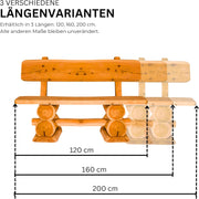Banco de jardín Mega Holz rústico de pino barnizado de 200 cm - Banco de madera maciza de pino - Banco montado para terraza, jardín y balcón con respaldo - Para 4 personas, resistente a la intemperie y robusto