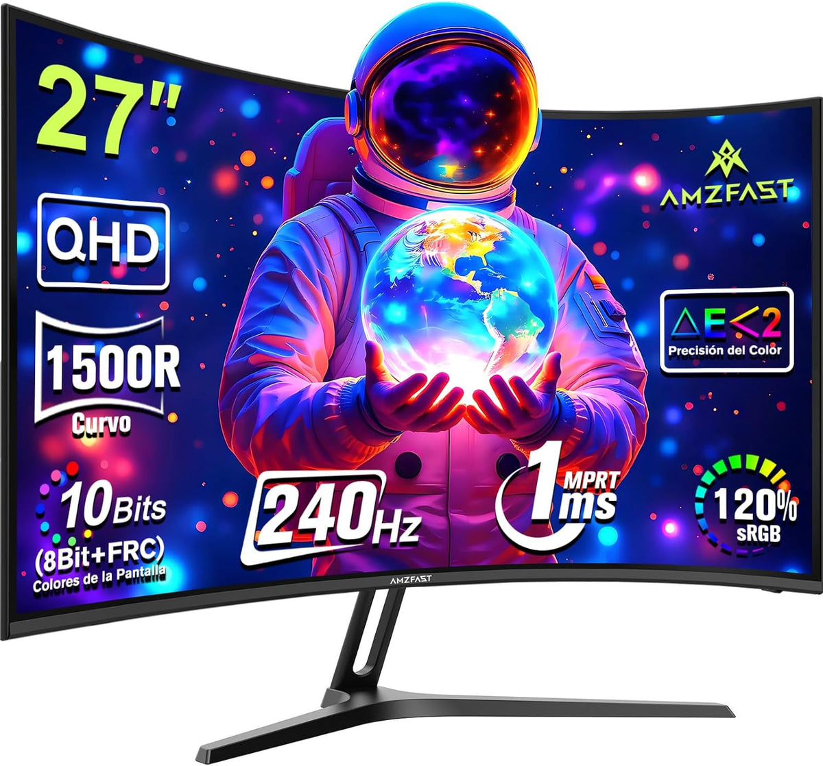 Monitor Gaming Curvo Amzfast de 27 pulgadas, 2K QHD (2560 x 1440), 240Hz, 1Ms MPRT, 1500R, sRGB 120%, Adaptive Sync, Low Blue Light, VESA 100 x 100, HDMI 2.0 x 2/DP 1.4 x 2, AMZG27C1Q Pro