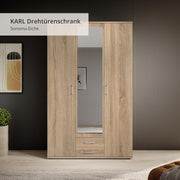 KARL Elegante armario de 3 puertas con gran capacidad de almacenamiento - Armario multiusos color roble Sonoma con puerta de espejo - 120 x 195 x 55 cm