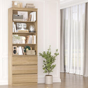 Estantería FirFurd de 202 cm con 3 cajones y 4 estantes, armario alto para salón, mueble de salón con baldas ajustables, vitrina para salón, despacho o cocina, 202x60x35 cm, roble