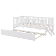 Estructura de cama individual con nido y barandilla, cama de plataforma de perfil bajo con escaleras para niños y niñas