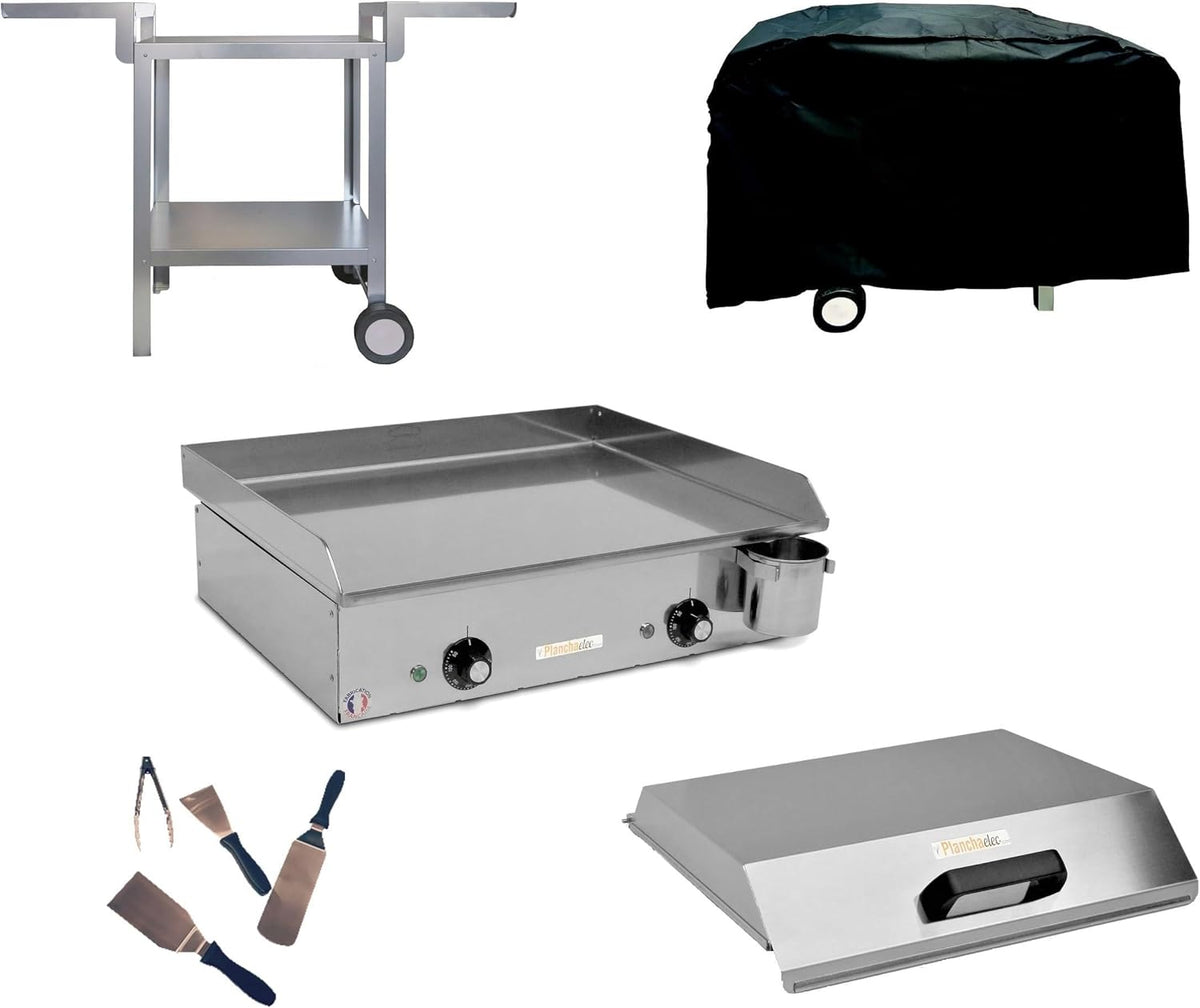 PLANCHAELEC - Pack completo plancha eléctrica NEO E530-2400W - Carro + accesorios - Acero inoxidable - Termostato regulable - 8 personas - Fabricado en Francia - L53 x P43 x A18 cm