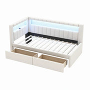 Cama con plataforma tapizada con puertos USB e iluminación LED - Base de cama matrimonial/individual con 2 cajones de almacenamiento - Dormitorio moderno