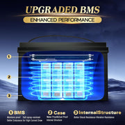 Batería de litio LiFePO4 12V/100Ah con Bluetooth, BMS de 100A, 5000 ciclos de descarga profunda, 1280W, protección de corte por baja temperatura para vehículos recreativos (RV), camping, embarcaciones y sistemas solares domésticos