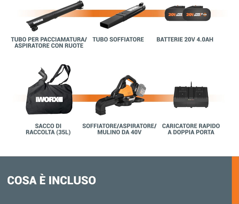Soplador/aspirador de hojas a batería WORX WG583E 40V - Multifunción 3 en 1 para barrer, aspirar y triturar hojas - Velocidad del aire 335 km/h - Caudal de aire 575 m³/h - incluye 2 baterías de 4Ah y cargador