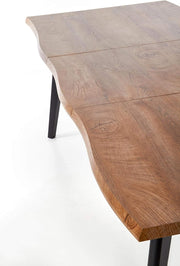 designimpex Mesa de comedor de diseño HAW-222, roble natural, chapa de madera auténtica, borde vivo, madera maciza, extensible de 120 a 180 cm, borde natural, mesa de comedor, mesa de cocina