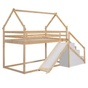 Literas tipo casita con tobogán y escaleras de almacenamiento, litera de madera individual sobre individual para niños con techo y escaleras para niñas y niños