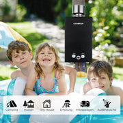 CAMPLUX Calentador de agua a gas 10L 50mbar BW264BC-DE Acero inoxidable Tapa impermeable Propano Butano Camping Autocaravana Lavadero A+