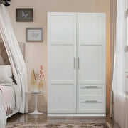 Armario de madera blanca con puertas, cajones y barra para colgar