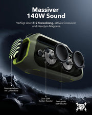 Altavoz para exteriores soundcore Boom 2 Plus, 140W, canal 2+2, BassUp 2.0, 20h, carga rápida, resistente al agua IPX7, luces RGB, USB-C, banco de energía, BT 5.3, altavoz Bluetooth portátil, camping