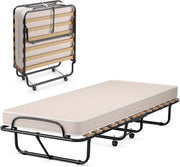 Cama plegable GOPLUS 80x190 cm, cama supletoria con colchón, estructura de acero, cama individual para adultos para dormitorio y oficina (beige)