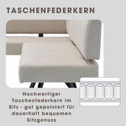 Banco esquinero byLIVING Toronto, tapizado en color topo, estructura en negro, forma en L con lado largo a la derecha, muelles ensacados, banco de cocina, banco de comedor, medidas: An 182, Al 85, Pr 128 cm