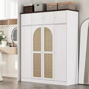 Armario ropero de gran capacidad de 8 puertas con barra para colgar, estantes ajustables y puertas decorativas de ratán, 70.87" de alto