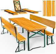 Casaria® Juego de mesa y bancos de cerveza con respaldo 170 cm, plegable y estable, 2 bancos, 1 mesa ancha, madera, mobiliario de jardín, mobiliario para eventos