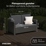 STEELSØN Elnath Sofá de jardín de 2 plazas – Salón de jardín de ratán negro/antracita – Cama lounge para balcón/jardín/terraza – sofá pequeño que ahorra espacio – Set de sofá para exteriores con cojines – muebles de balcón resistentes a la intemperie