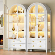 Vitrina de cristal arqueada LVSOMT con iluminación LED, mueble vitrina de 180 cm con puertas de cristal, vitrina curva con 4 estantes de exposición y 2 cajones, luz de 3 colores, vitrina de cristal y madera para salón y pasillo, blanco