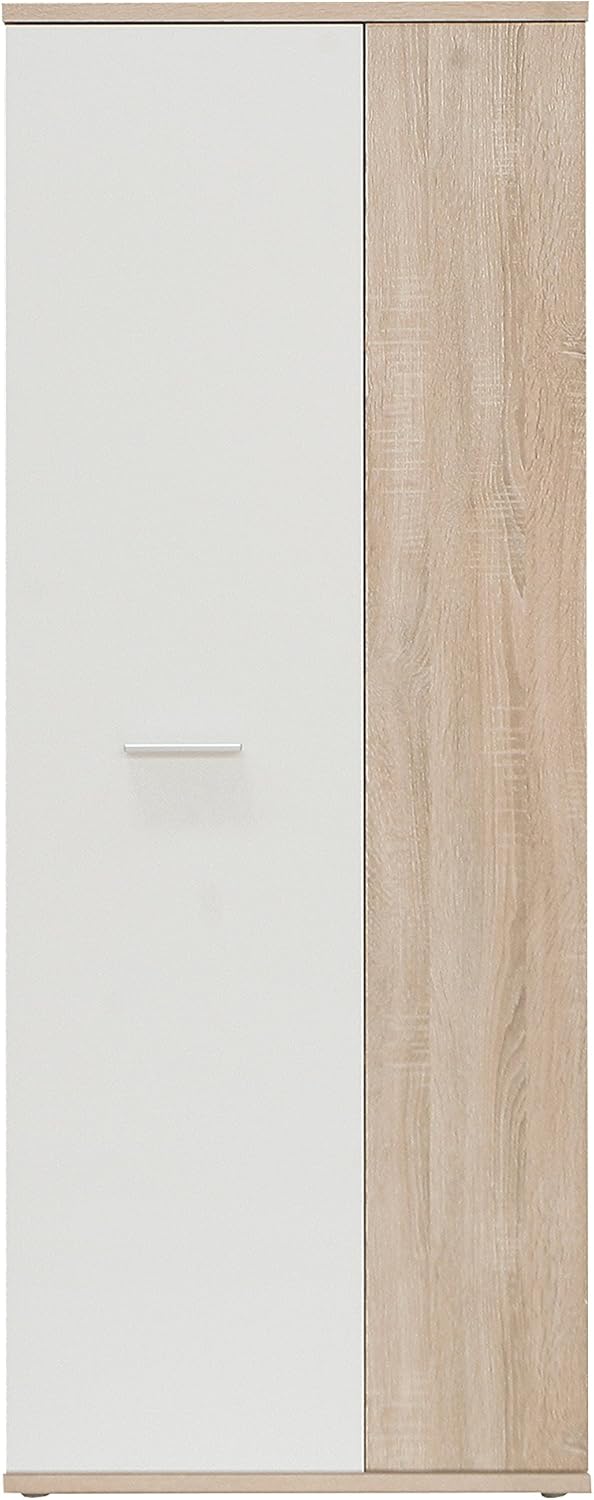 FORTE NET106 Armario 70 180, armario multiusos pequeño, armario para aspiradora, trastero, 2 puertas con estantes, blanco con decoración de madera: roble Sonoma, 69 cm de ancho x 179 cm de alto x 35 cm de profundidad
