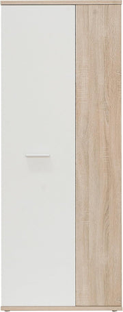 FORTE NET106 Armario 70 180, armario multiusos pequeño, armario para aspiradora, trastero, 2 puertas con estantes, blanco con decoración de madera: roble Sonoma, 69 cm de ancho x 179 cm de alto x 35 cm de profundidad