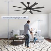 Ventilador de techo negro de 65 pulgadas y 8 aspas con luz y control remoto