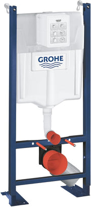 Pack WC suspendido completo con accesorios: bastidor autoportante Grohe, inodoro SAT Infinitio sin brida, placa cromada, asiento de inodoro, taza, cisterna y mecanismo.